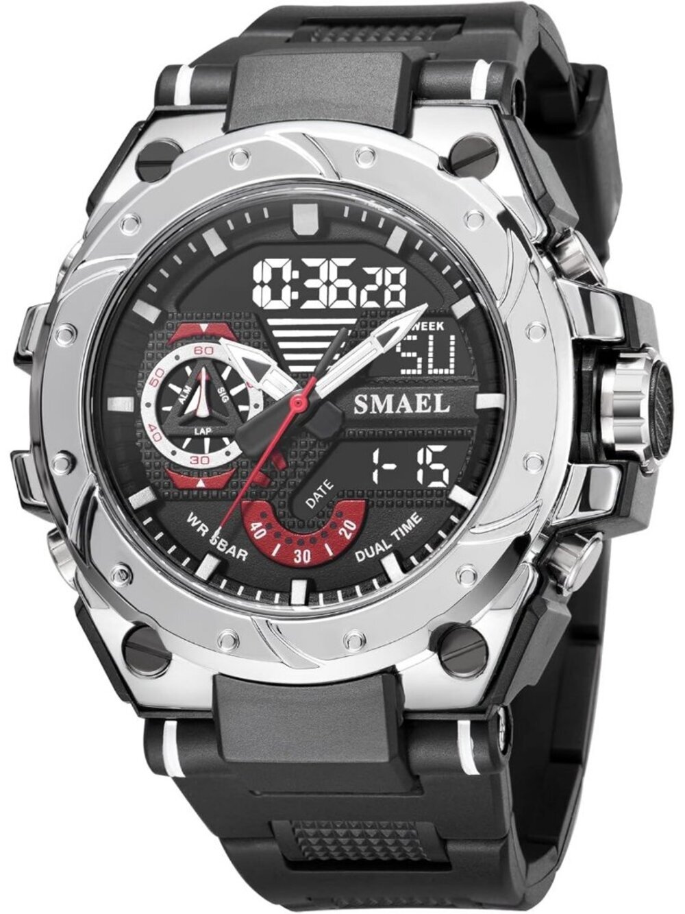 Mens Black And Silver Analog Quartz Sport Waterproof Military LED Digital Watch